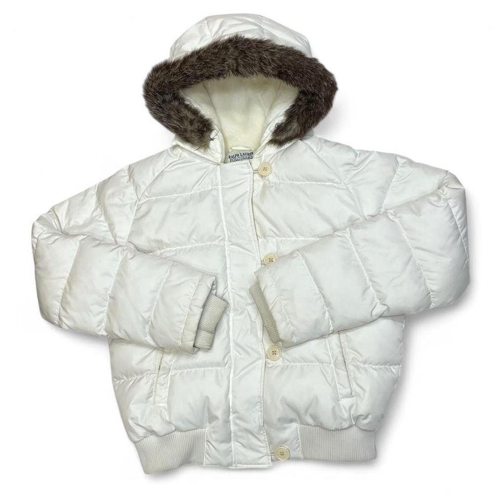 Ralph Lauren White Down Jacket with Faux Fur Trimmed Hood